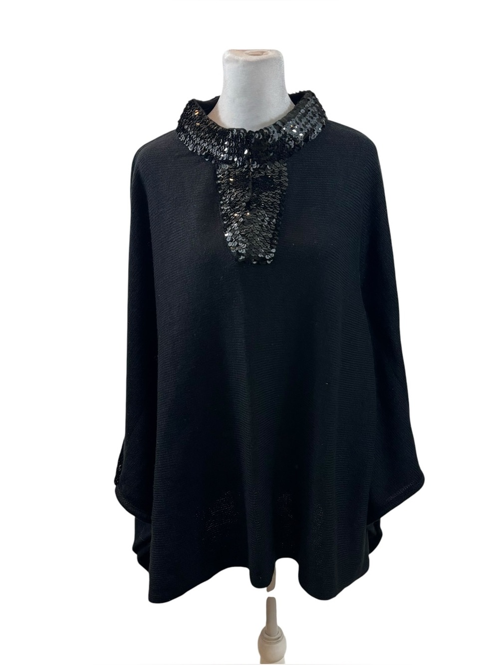 Ladies Original Anthony Brand Black Knit Poncho Sweater W/ Sequins Size Petite